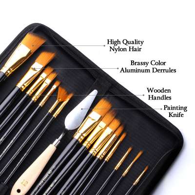 Factory Wholesale 15pcs Brush Set Professional Oil Paint Artist Brush With Nylon Bag Acrylic Artist Painting Brushes Set